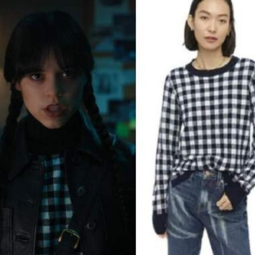 J.Crew navy gingham cashmere sweater ASO Wednesday Addams